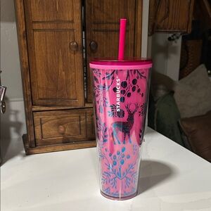 Starbucks Pink Tumbler with Blue Flowery Design